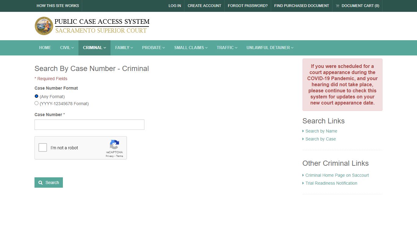 Search By Case Number - Criminal - California